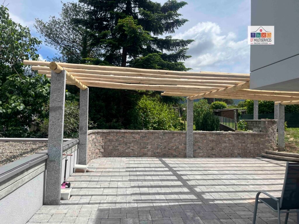 Installazione Pergolato di pergole in granito e paleria di castagno a Rivera - Ticino-17